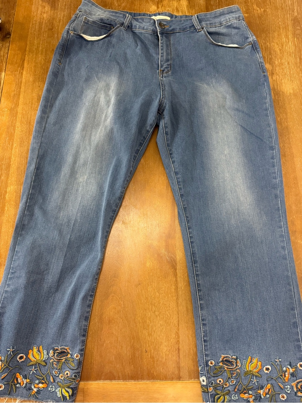 Angel + Premium Blue Cropped Jeans with Floral Embroidered Hem
